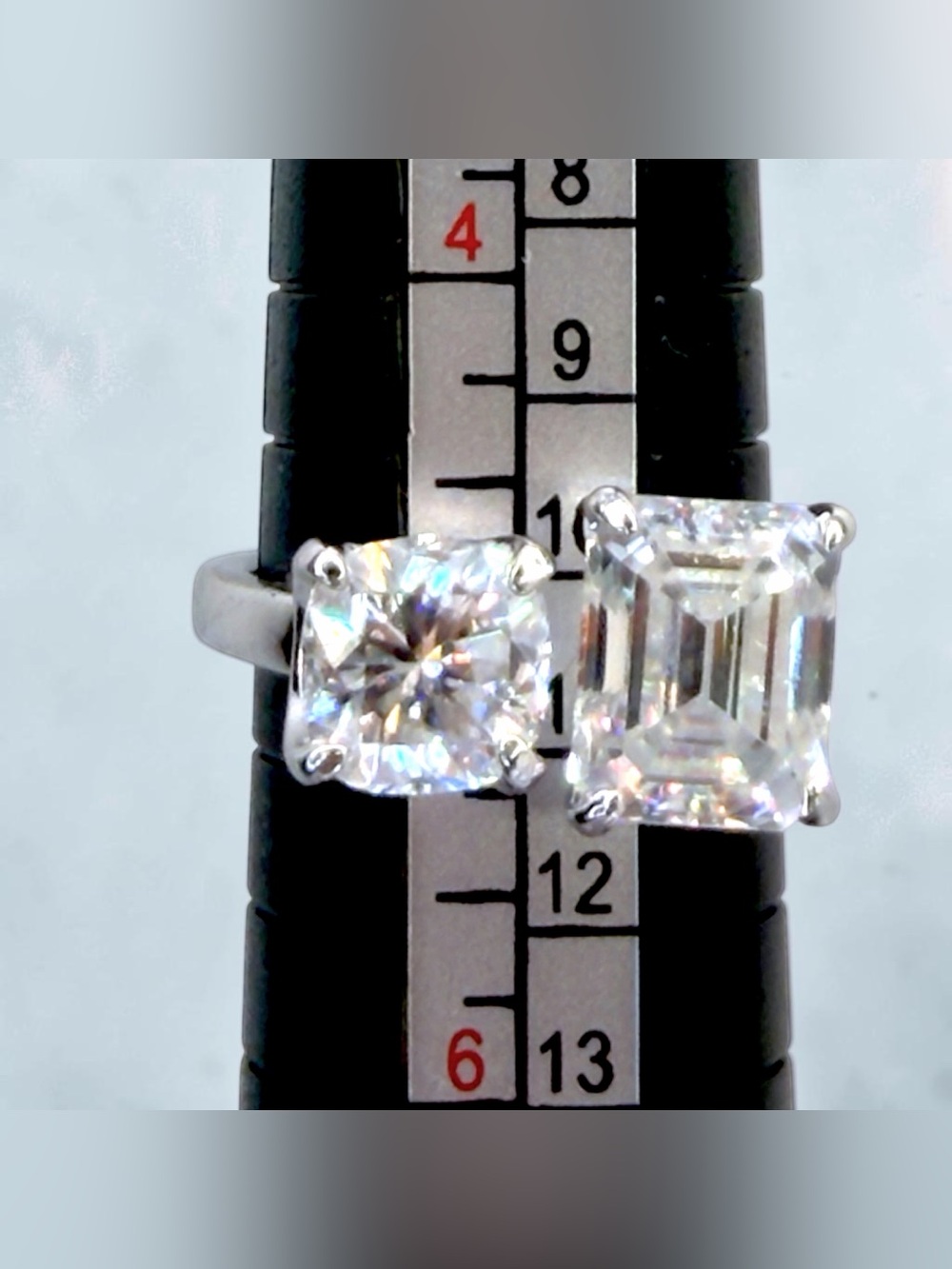 5CT Moissanite Ring • Emerald & Round Cut Duo • Sterling Silver • Size 5 - Picture 2 of 16